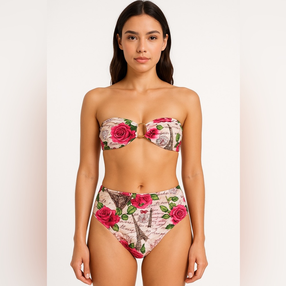 Joan Vass Floral Bikini Set High Waist Paris‎ Print Swimsuit Small review prints